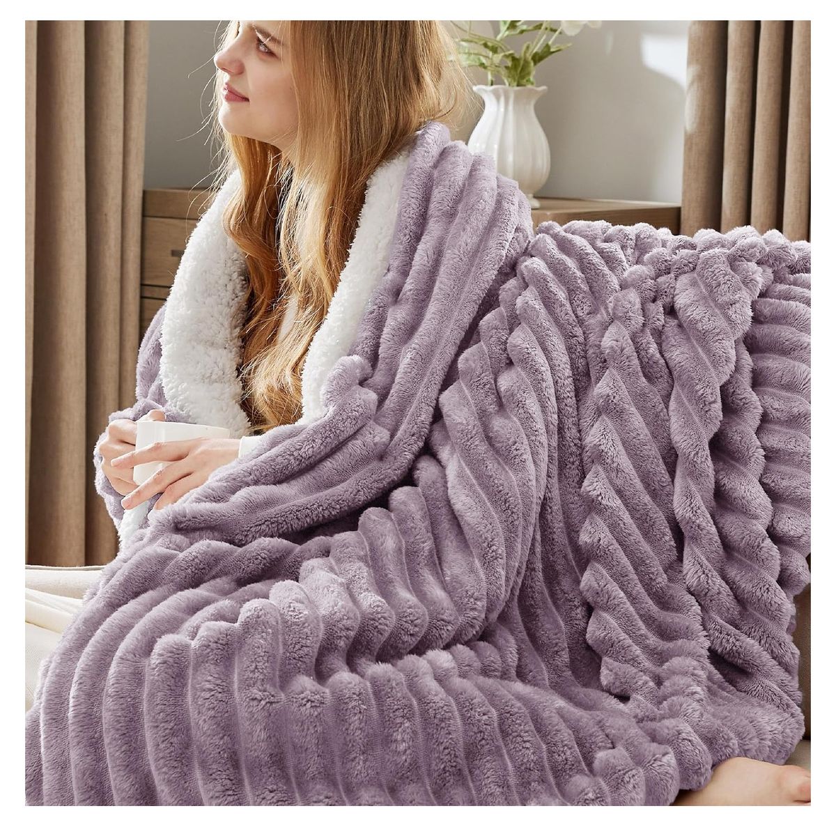 ALMA & DECO - Frazada Manta Coral Acanalada Sherpa Lila 2 Plazas o king Premium