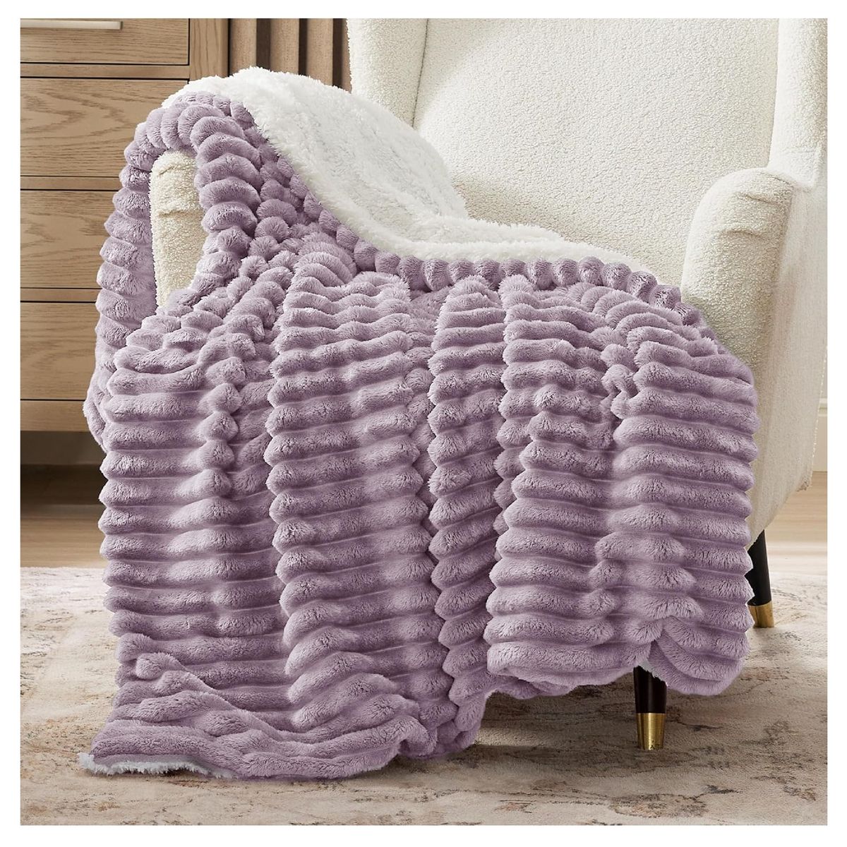 ALMA & DECO - Frazada Manta Coral Acanalada Sherpa Lila 2 Plazas o king Premium