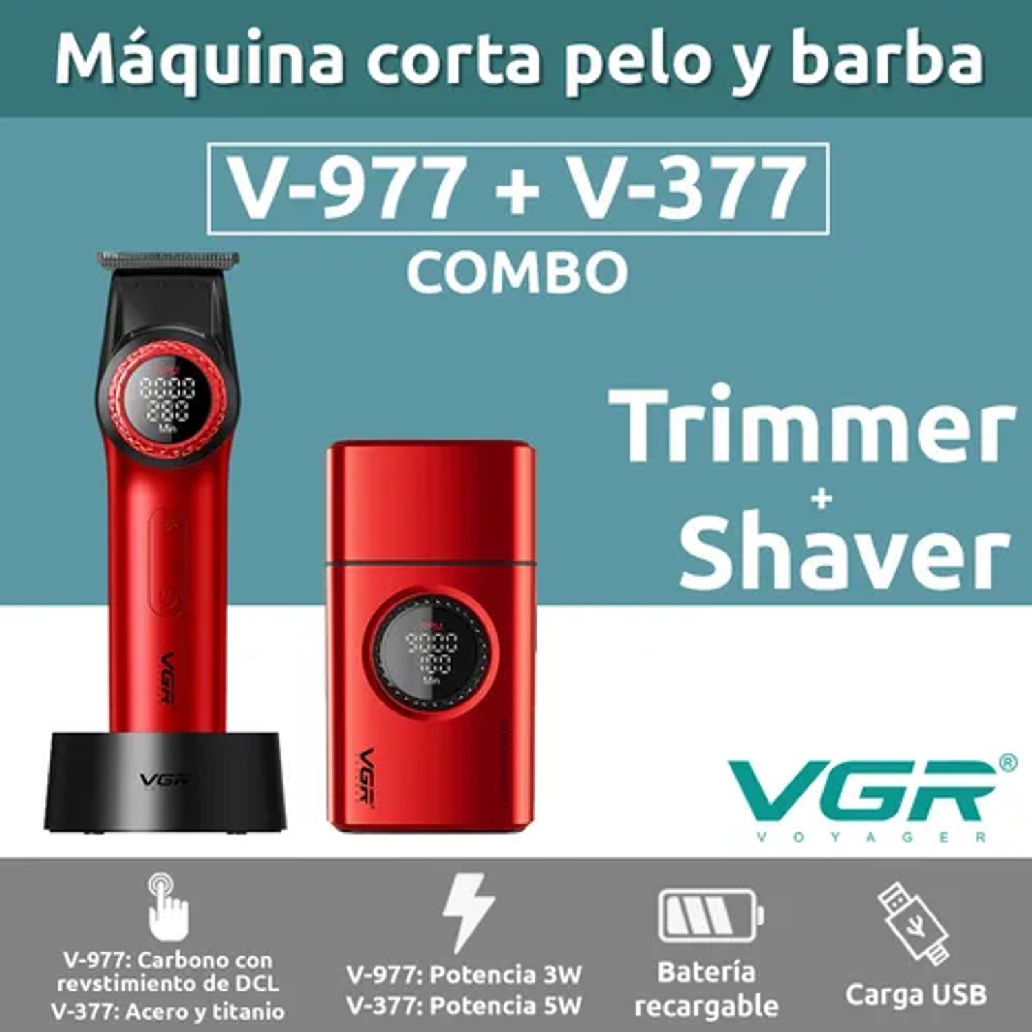 VGR Combo VGR Profesional Trimmer V-977 + Afeitadora Eléctrica V