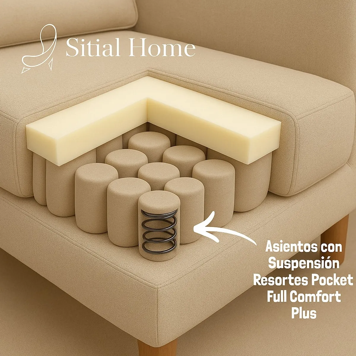 SITIAL HOME - Living 311 Pastora Beige claro sofa 3 cuerpos resortes  + 2 sitiales