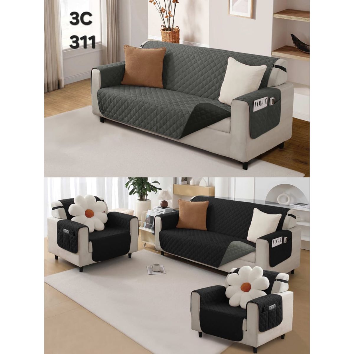 GENERICO - FUNDA CUBRE SILLON SOFA REVERSIBLE CON BOLSAS TELA IMPERMEABLE 3+1+1