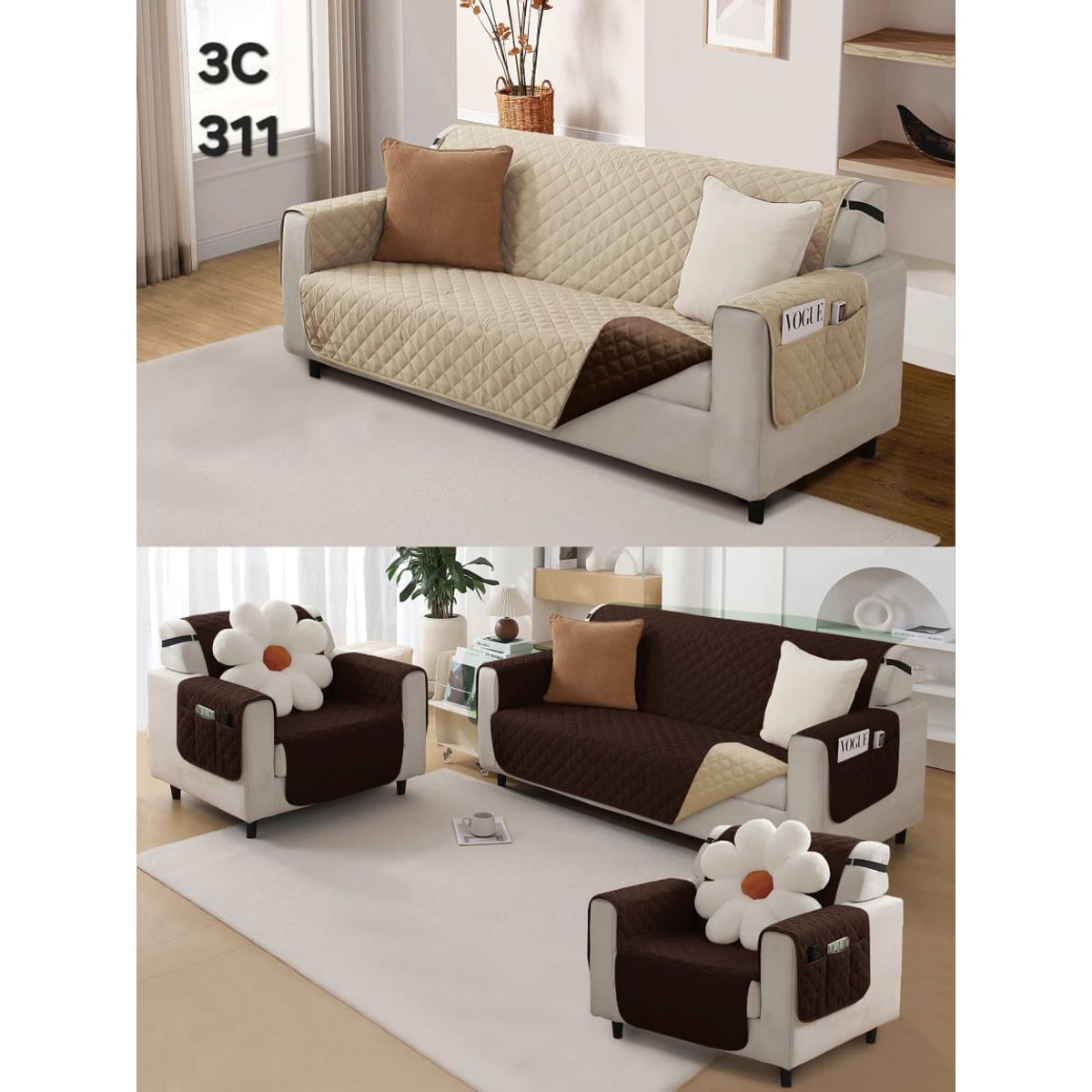GENERICO - FUNDA CUBRE SILLON SOFA REVERSIBLE CON BOLSAS TELA IMPERMEABLE 3+1+1