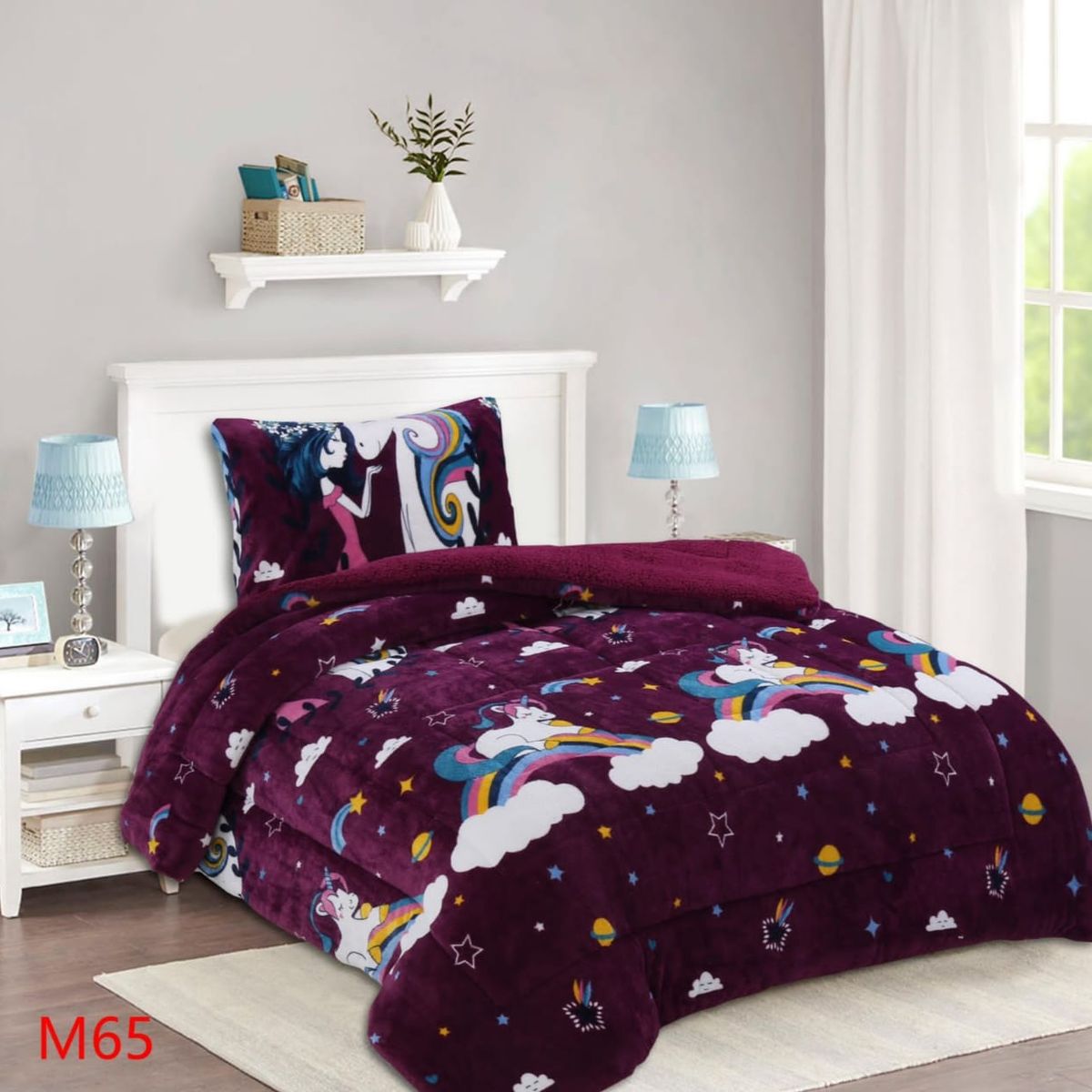 GENERICO - Cobertor Chiporro Invierno 1.5 Plazas - Morado Unicornio Arcoíris M65