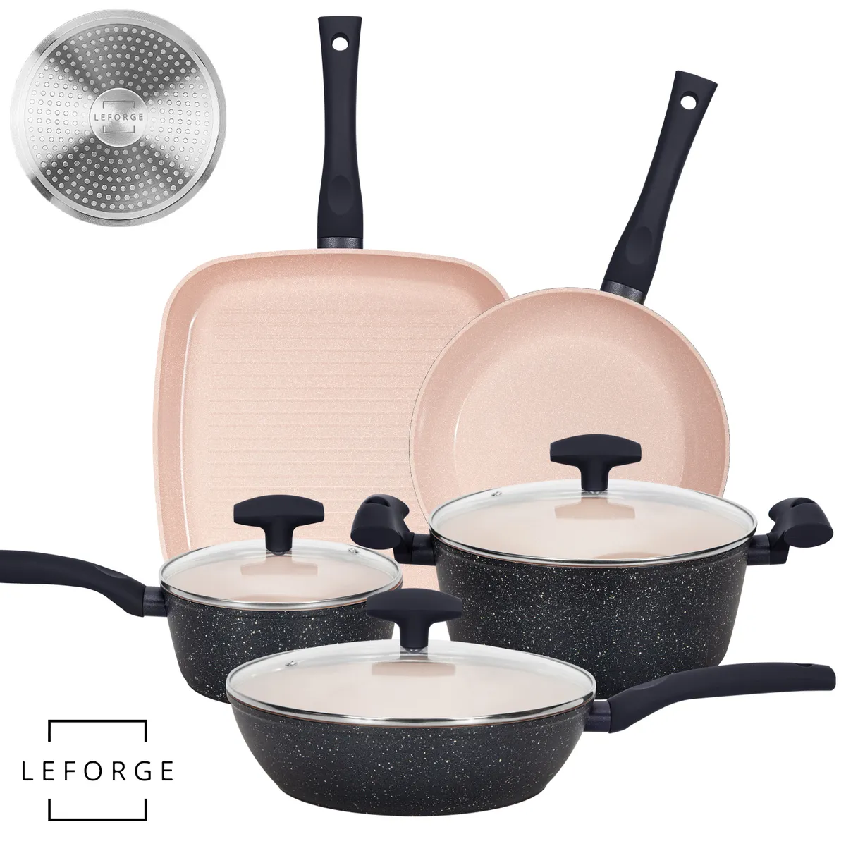 LEFORGE - Batería Cocina Cerámica Granito Antiadherente 8 Piezas Rosa Marengo