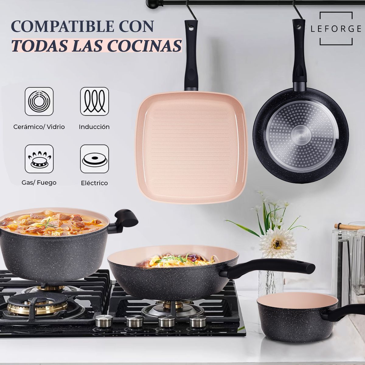 LEFORGE - Batería Cocina Cerámica Granito Antiadherente 8 Piezas Rosa Marengo