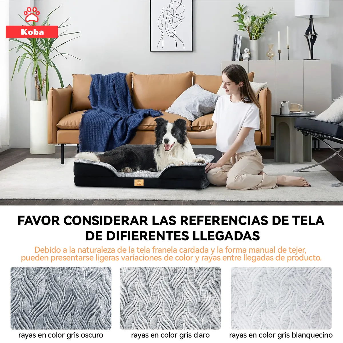 KOBA - Cama Antiestres Perro Colchon Ortopedica 90x63cm Negro Gris