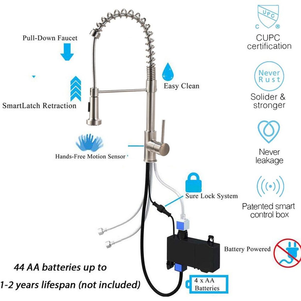 PUREPOWER - Grifo de cocina para lavaplatos monocromado extensible con sensor táctil