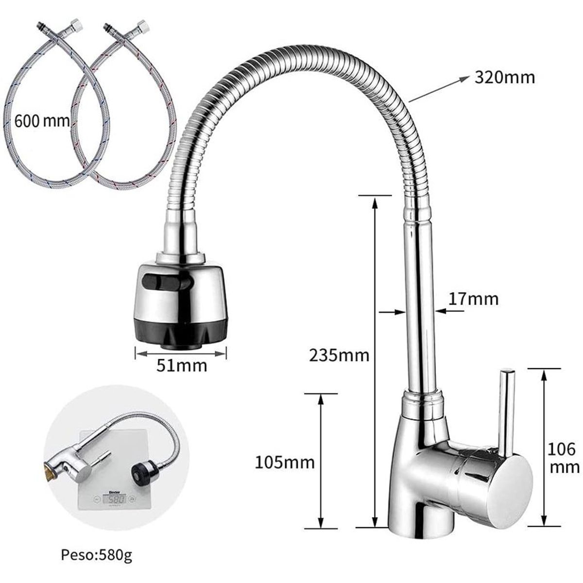 PUREPOWER - Grifo de cocina flexible monomando