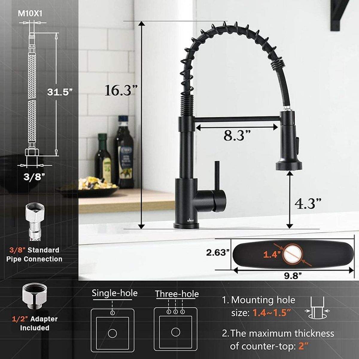 PUREPOWER - Grifo de cocina 360 extensible de acero cepillado