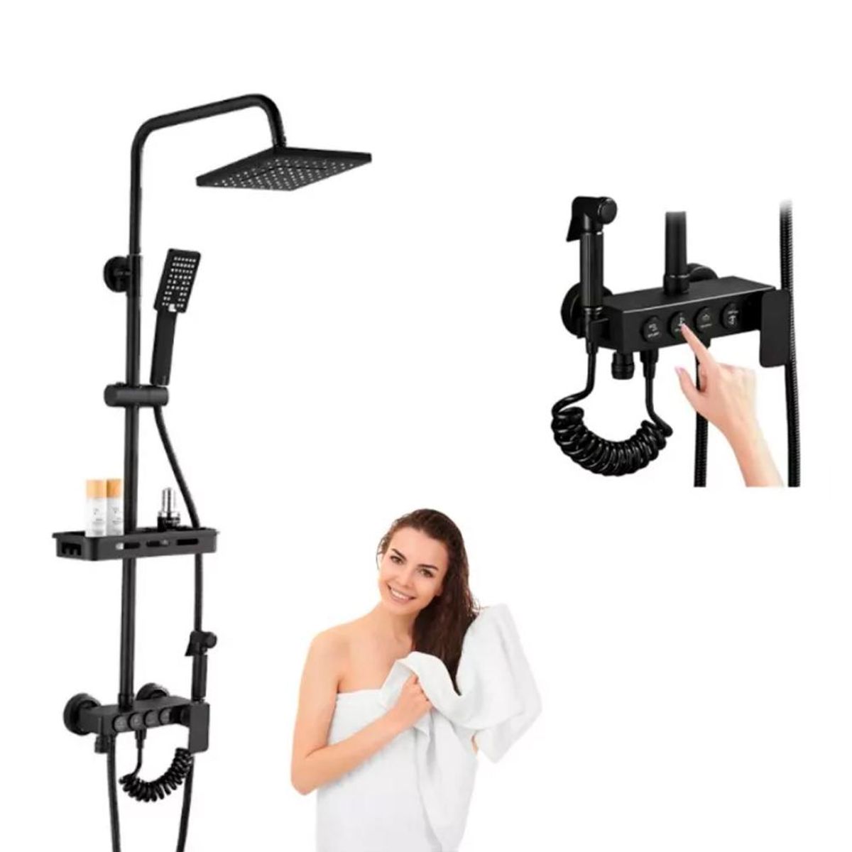 DETODOYMAS - Ducha Columna Negra Push Boton Set 4 Funciones 3 Engranajes - Negro