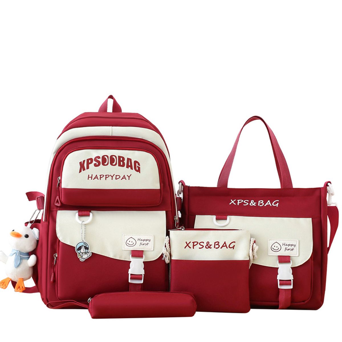 BLWOENS - Set Mochila + Bolso + Lonchera + Estuche Blanco con Rojo