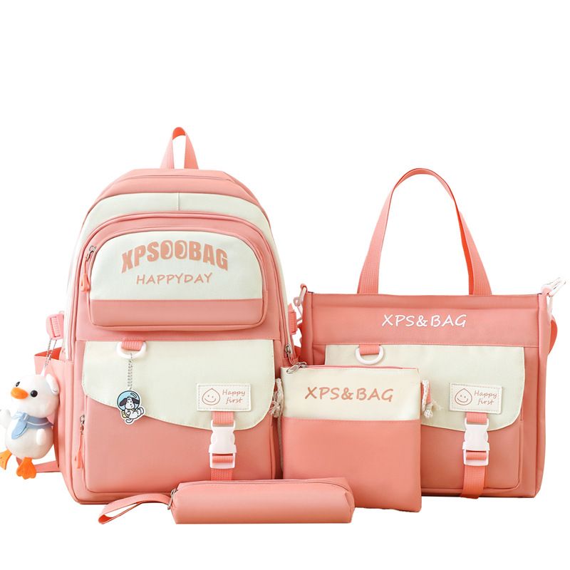 BLWOENS - Set Mochila + Bolso + Lonchera + Estuche Blanco con Rosado