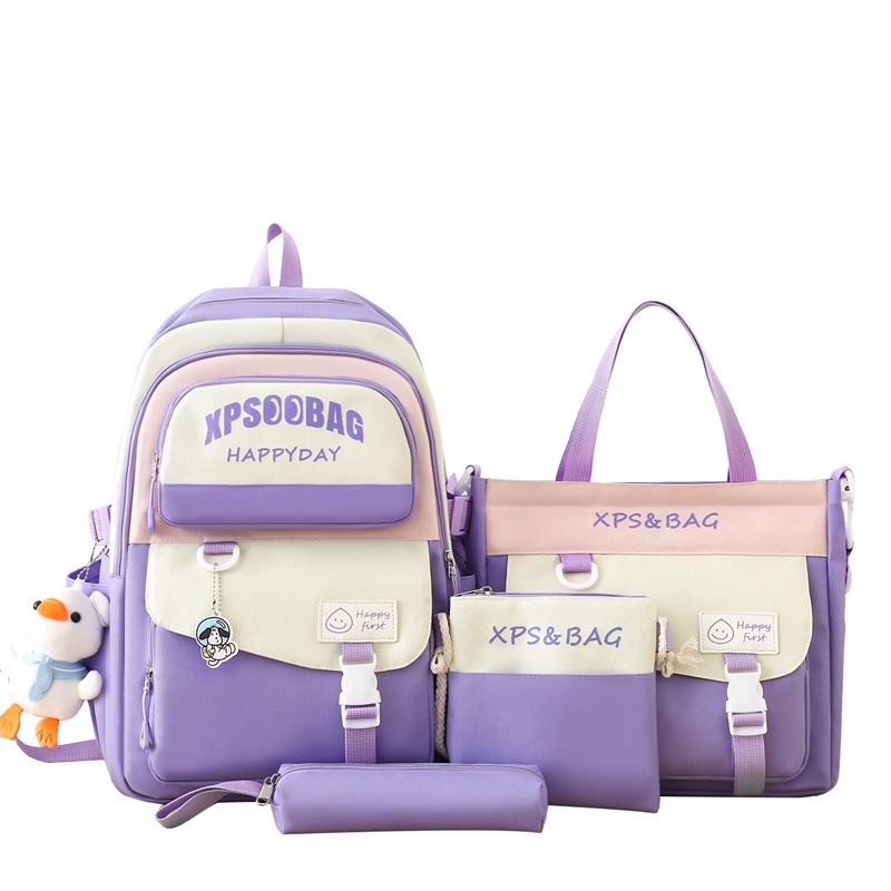 BLWOENS - Set Mochila + Bolso + Lonchera + Estuche Blanco con Morado