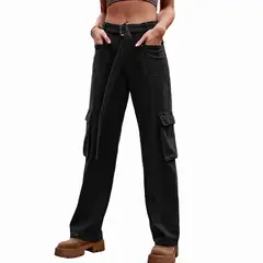 BLWOENS - Pantalones cargo elásticos de cintura alta para mujer - Negro