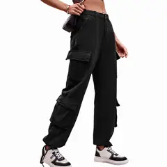 BLWOENS - Pantalones cargo elásticos de cintura alta para mujer - Negro