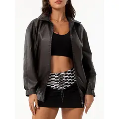 TIOZONEY - Chaqueta de PU para mujer con cinturón