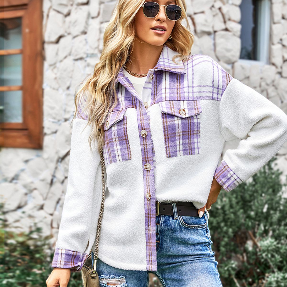 TIOZONEY - Chaqueta con cuadro mujer - Blanca y Morada