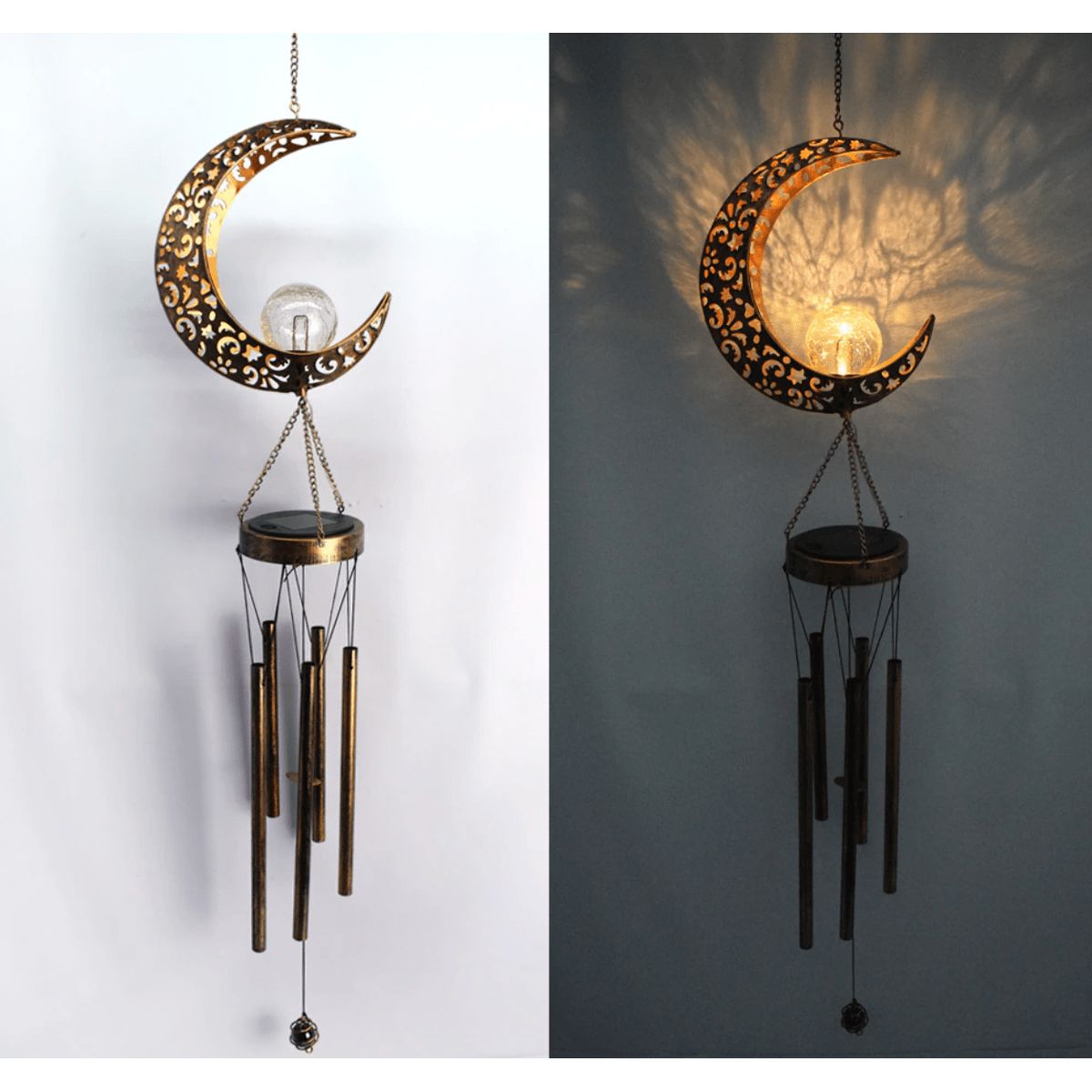 GENERICO - Colgante de Viento Solar Diseño Luna Luz Cálida - 1 m Inoxidable IP44