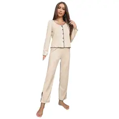 BLWOENS - Pijamas de manga larga y pantalones largos para mujeres - 2 piezas - Beige
