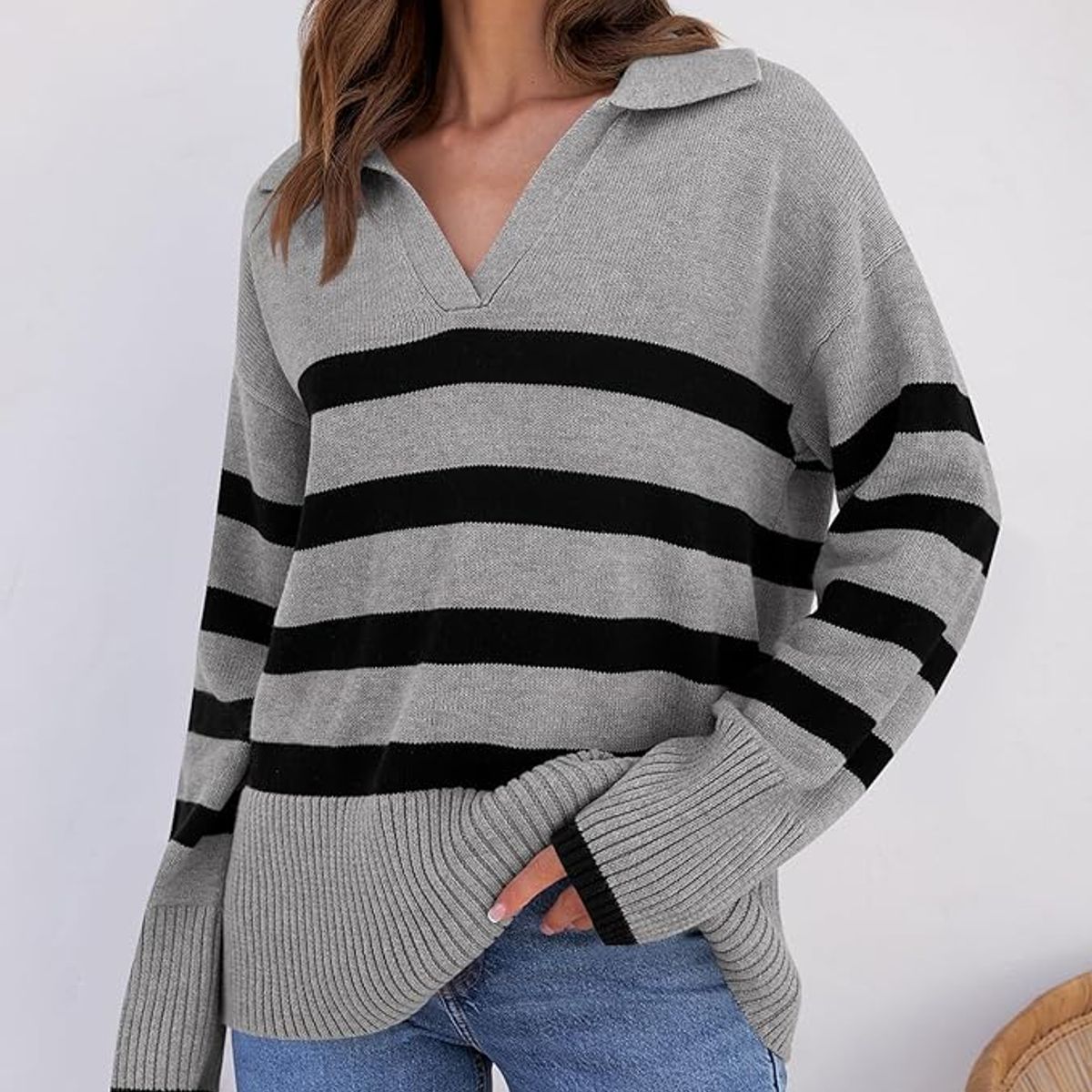 TIOZONEY - Suéteres a rayas para mujer - Gris