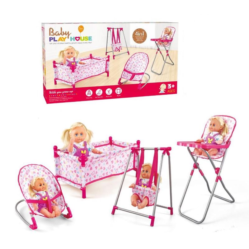 GENERICO - Set Juego 4 En 1 Con Muñeca, Silla, Comedor, Columpio Y Cuna