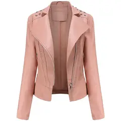 BLWOENS - Chaqueta de cuero PU con remaches de liso para mujer-ROSA.