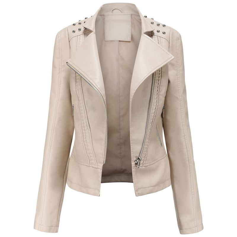 BLWOENS - Chaqueta de cuero PU con remaches de liso para mujer-Beige