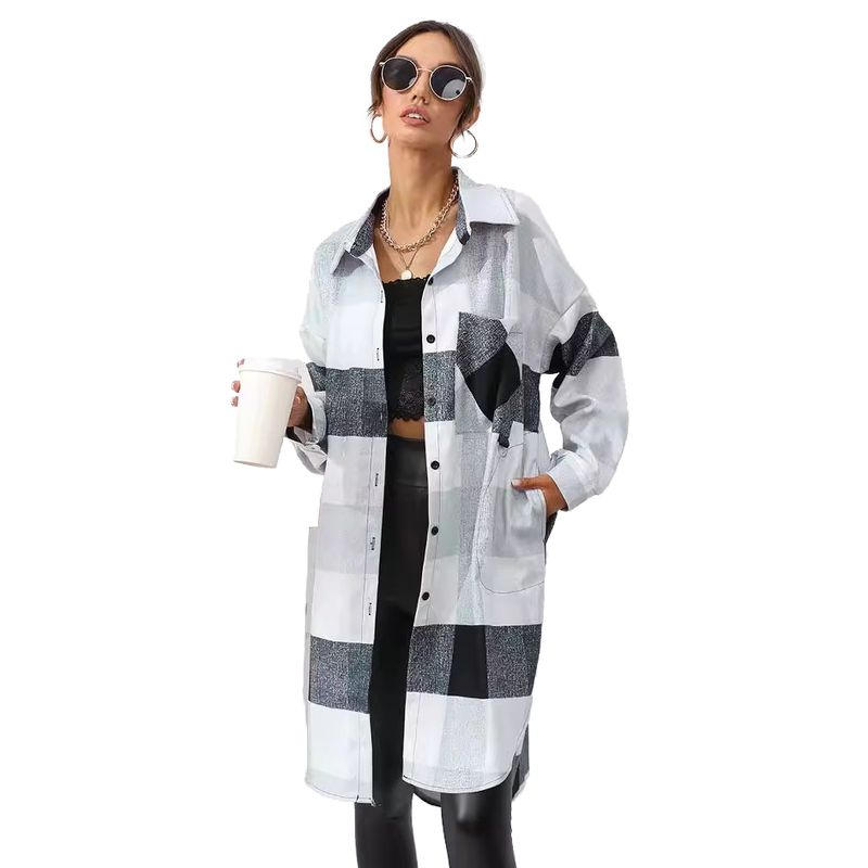 BLWOENS - Chaqueta larga a cuadros con botones para mujer - Gris.