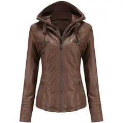 BLWOENS - Chaqueta de cuero PU sintética con capucha para mujer-Café.
