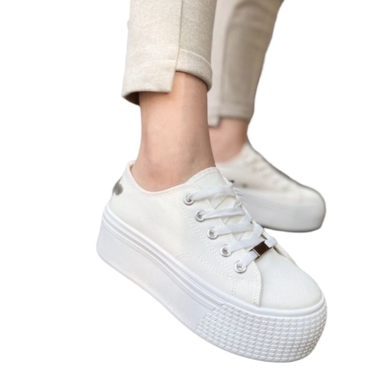 HERIEL - Zapatilla Blanca Lona Plataforma Mujer.