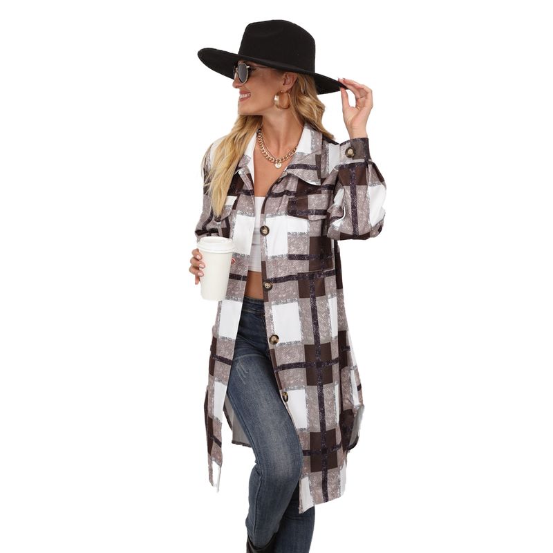 BLWOENS - Chaqueta larga a cuadros con botones para mujer - Café