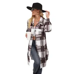 BLWOENS - Chaqueta larga a cuadros con botones para mujer - Café