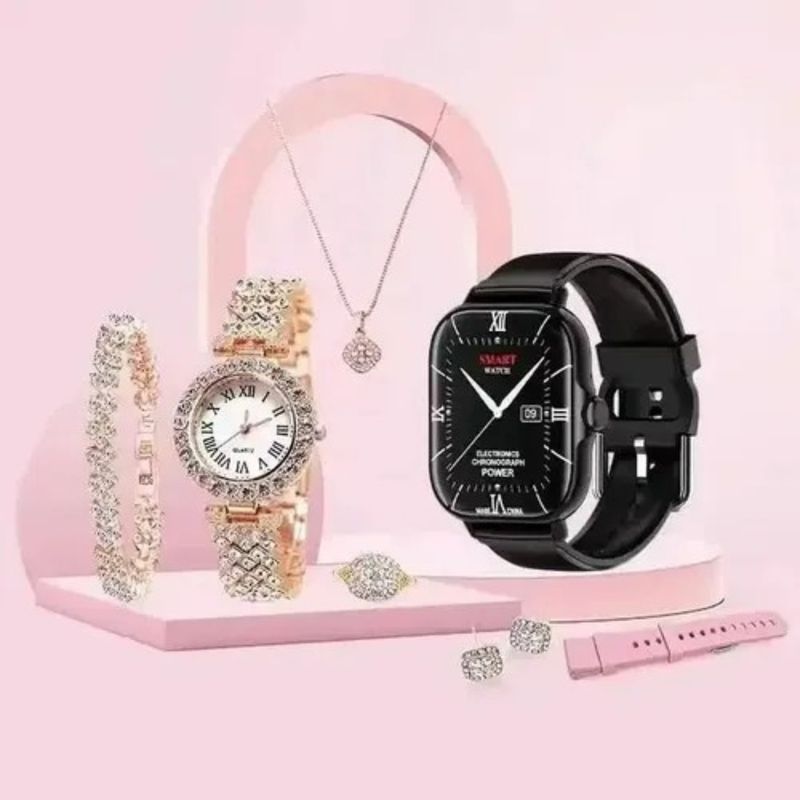ANGELES DEL HOGAR - SMART WATCH RELOJ Y SET 7 EN 1 DE JOYERÍA A58 PLUS.