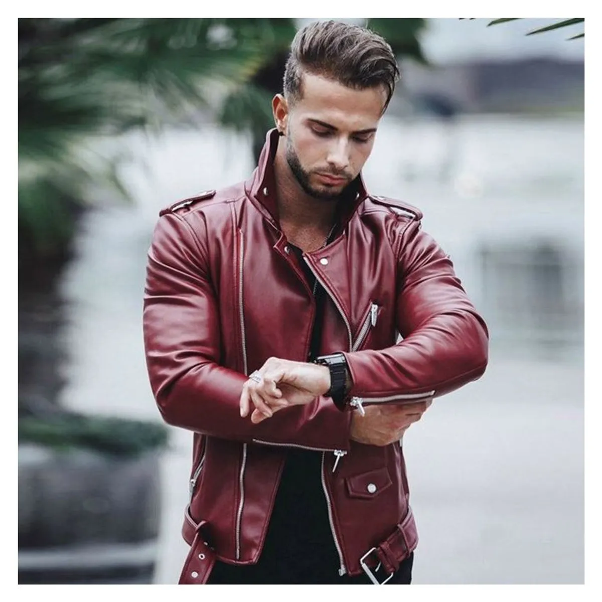 BLWOENS - Chaquetas de cuero PU manga larga para Hombres