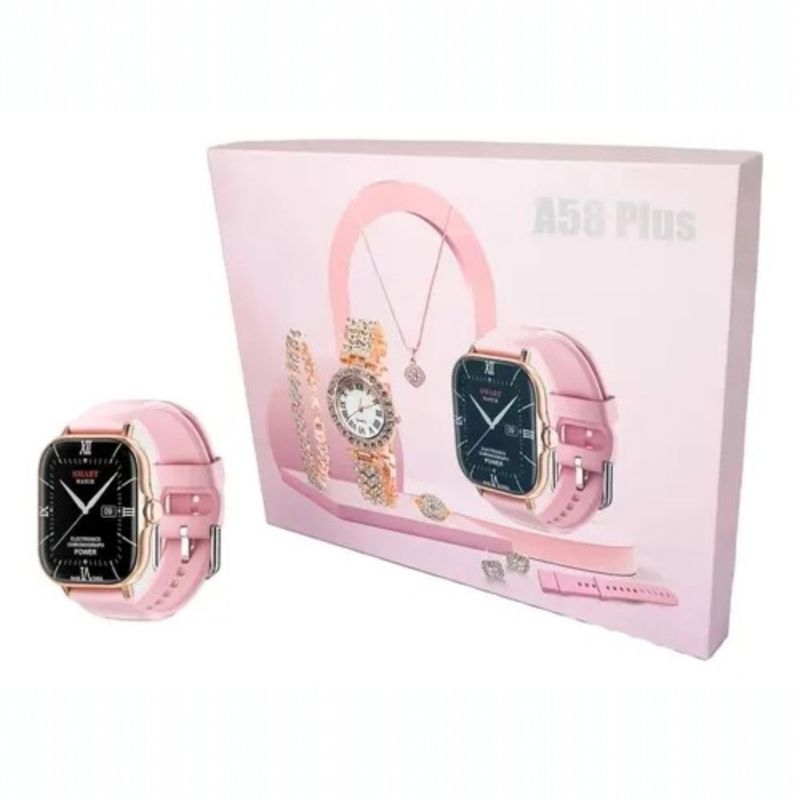 ANGELES DEL HOGAR - SMART WATCH RELOJ Y SET 7 EN 1 DE JOYERÍA A58 PLUS.