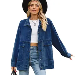 BLWOENS - Chaqueta mezclilla larga para mujer - Azul Oscuro