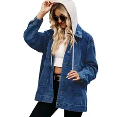 BLWOENS - Chaqueta mezclilla larga con gorro para mujer - Azul Oscuro