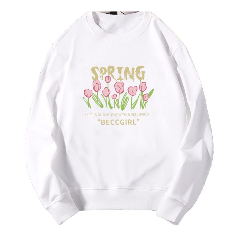 BLWOENS - Polerón sin gorro liso unisex con estampado de flores- Blanco.