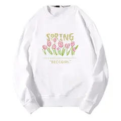 BLWOENS - Polerón sin gorro liso unisex con estampado de flores- Blanco.