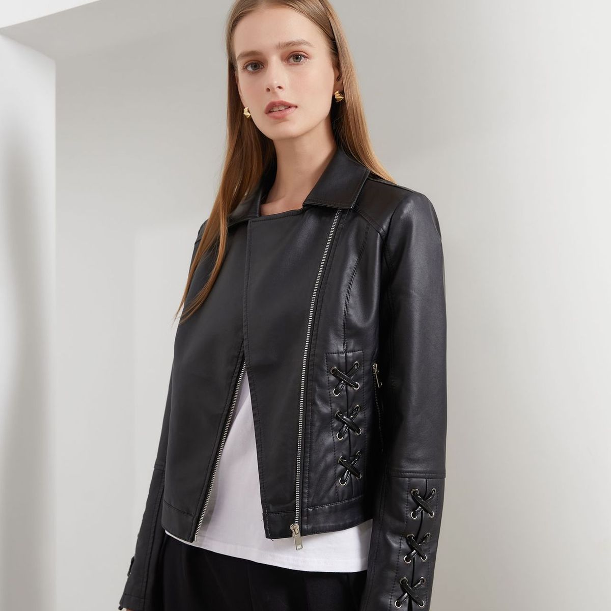 BLWOENS - Chaqueta cuero PU para mujer -Negro