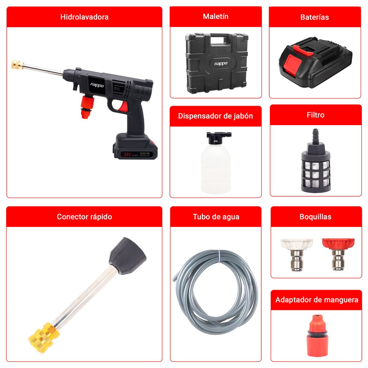 NAPPO - Hidrolavadora Inalámbrica Nappo 500W Batería 24V 1500mAh - Rojo