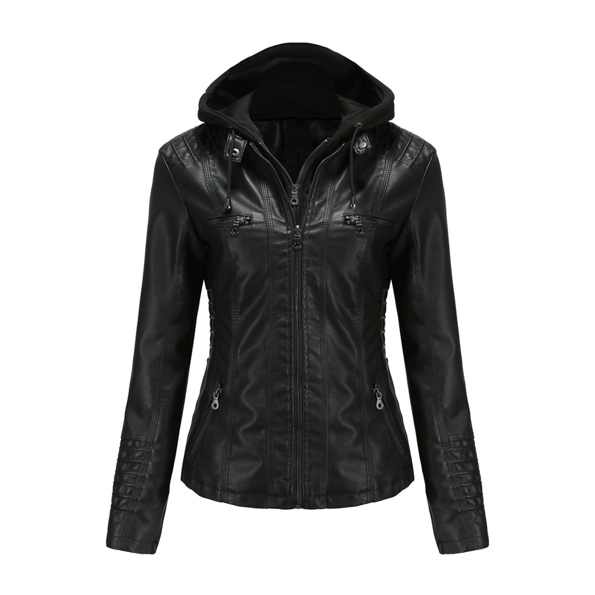 BLWOENS - Chaqueta capucha de PU para mujer-Negro