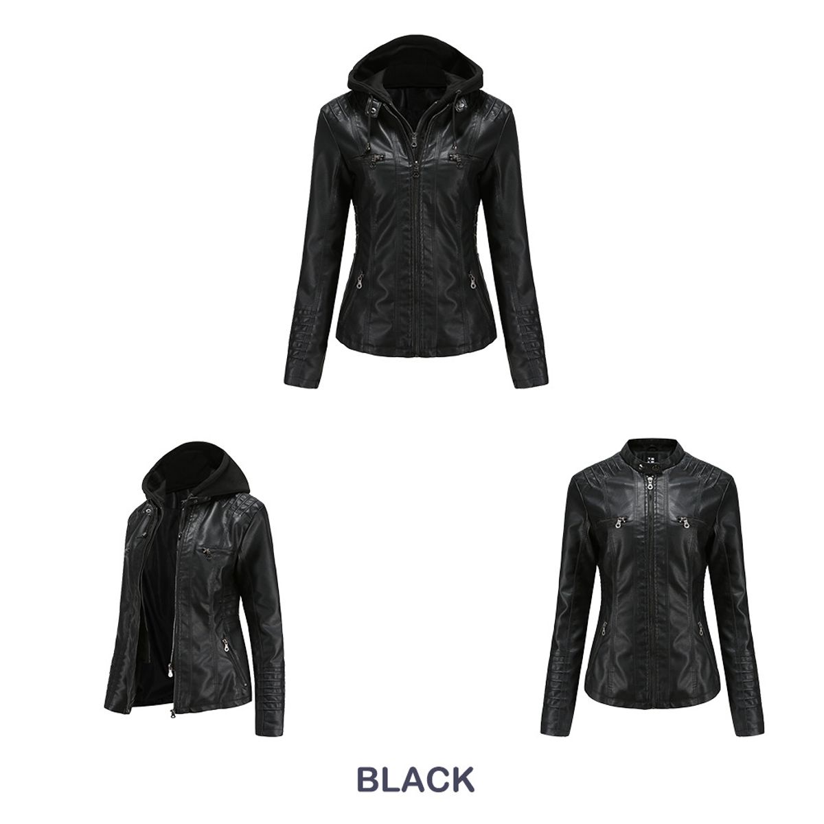 BLWOENS - Chaqueta capucha de PU para mujer-Negro