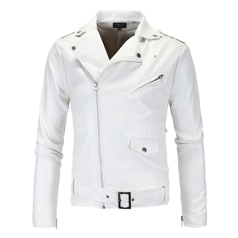 BLWOENS - Chaqueta cuero PU con cierre para hombres -Blanco.