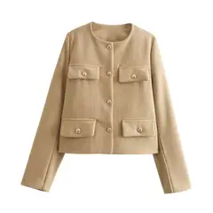 BLWOENS - Chaqueta lisa sin cuello para mujer -Beige