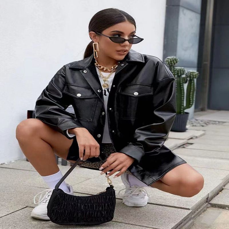 BLWOENS - Chaqueta de PU delgada abrigo casual para mujeres - Negro