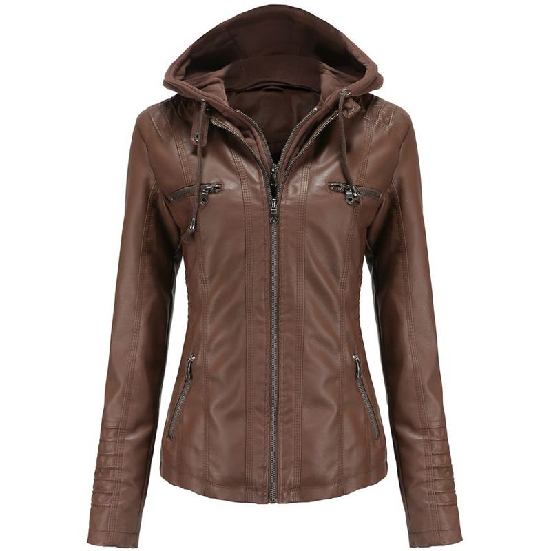 BLWOENS - Chaqueta de cuero PU sintética con capucha para mujer-Café