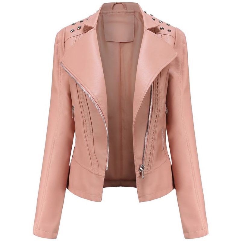 BLWOENS - Chaqueta de cuero PU con remaches de liso para mujer-ROSA.
