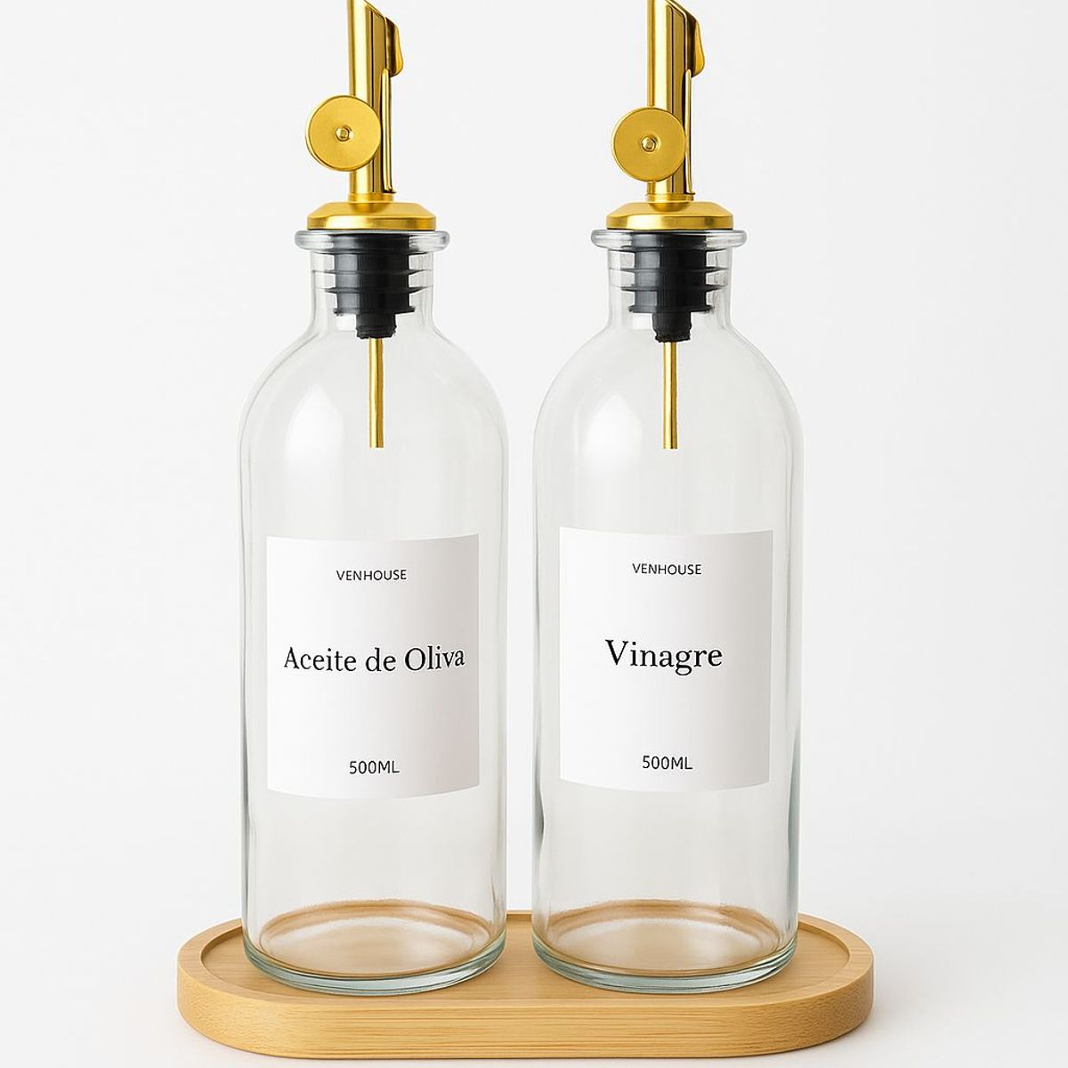 GENERICO - Set 2 Botellas Vidrio Aceite Con Base Bambú Dispensador