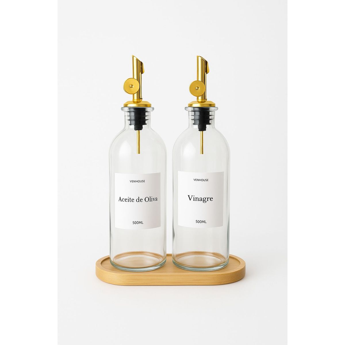 GENERICO - Set 2 Botellas Vidrio Aceite Con Base Bambú Dispensador